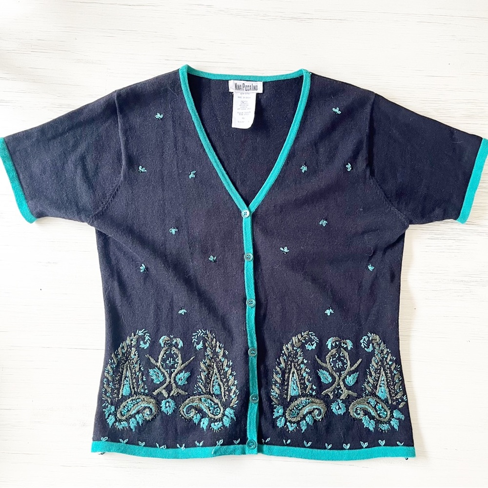 Vintage 90s Nina Piccalino Embroidered Short Sleeve Cardigan Black Medium